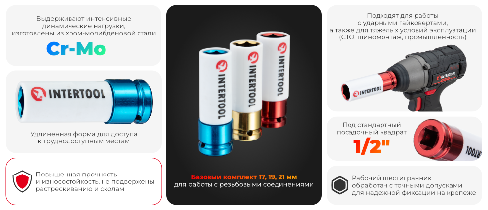 Набор головок ударных удлиненных для алюминиевых дисков 1/2" 3шт. INTERTOOL